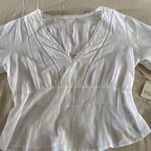 a.n.a. White V-Neck Lace-Trim Peasant Top